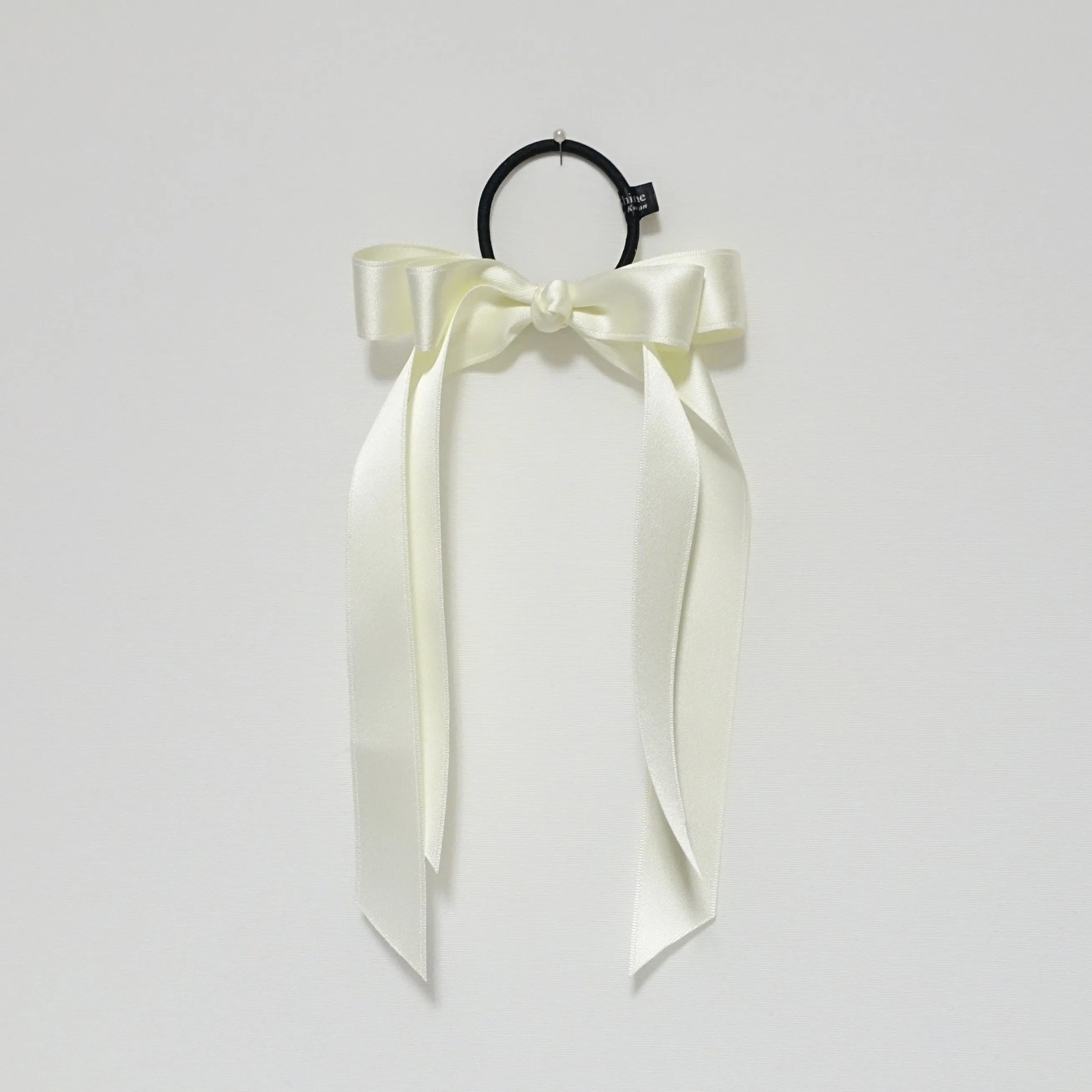 Black cream satin long tail bow hair elastic ponytail holder comb for women