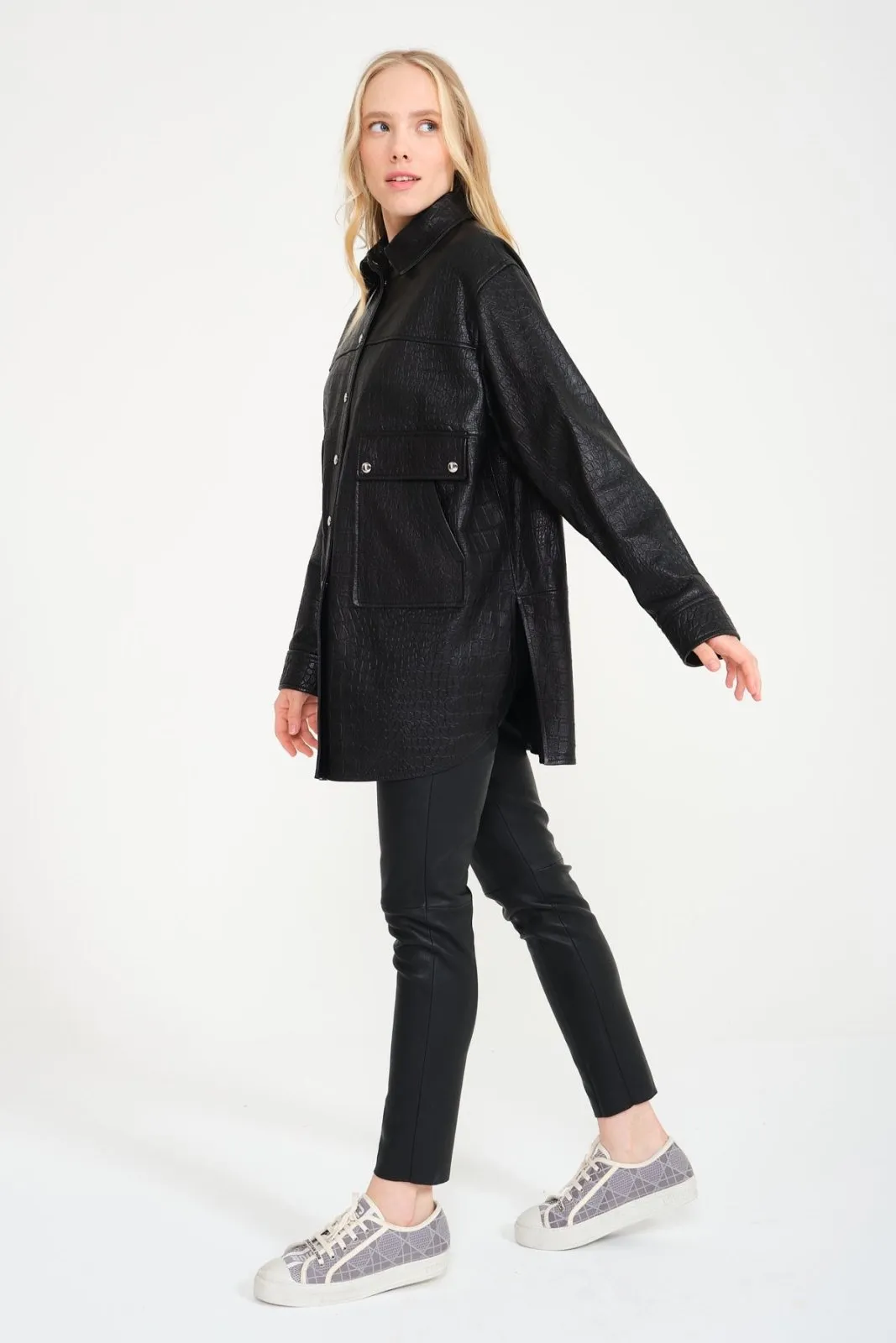 Black Crocodile Pattern Leather Coat