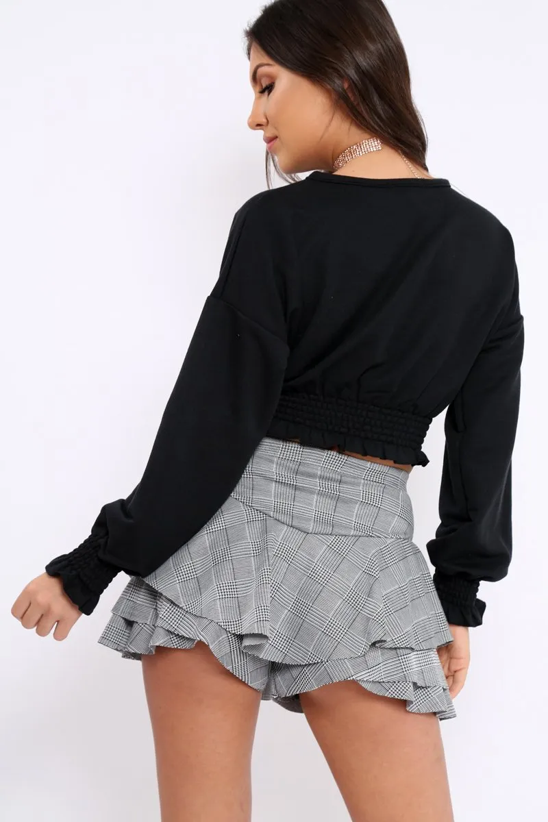 Black Cropped Sweatshirt with Shirred Elasticated Hems - Lillie