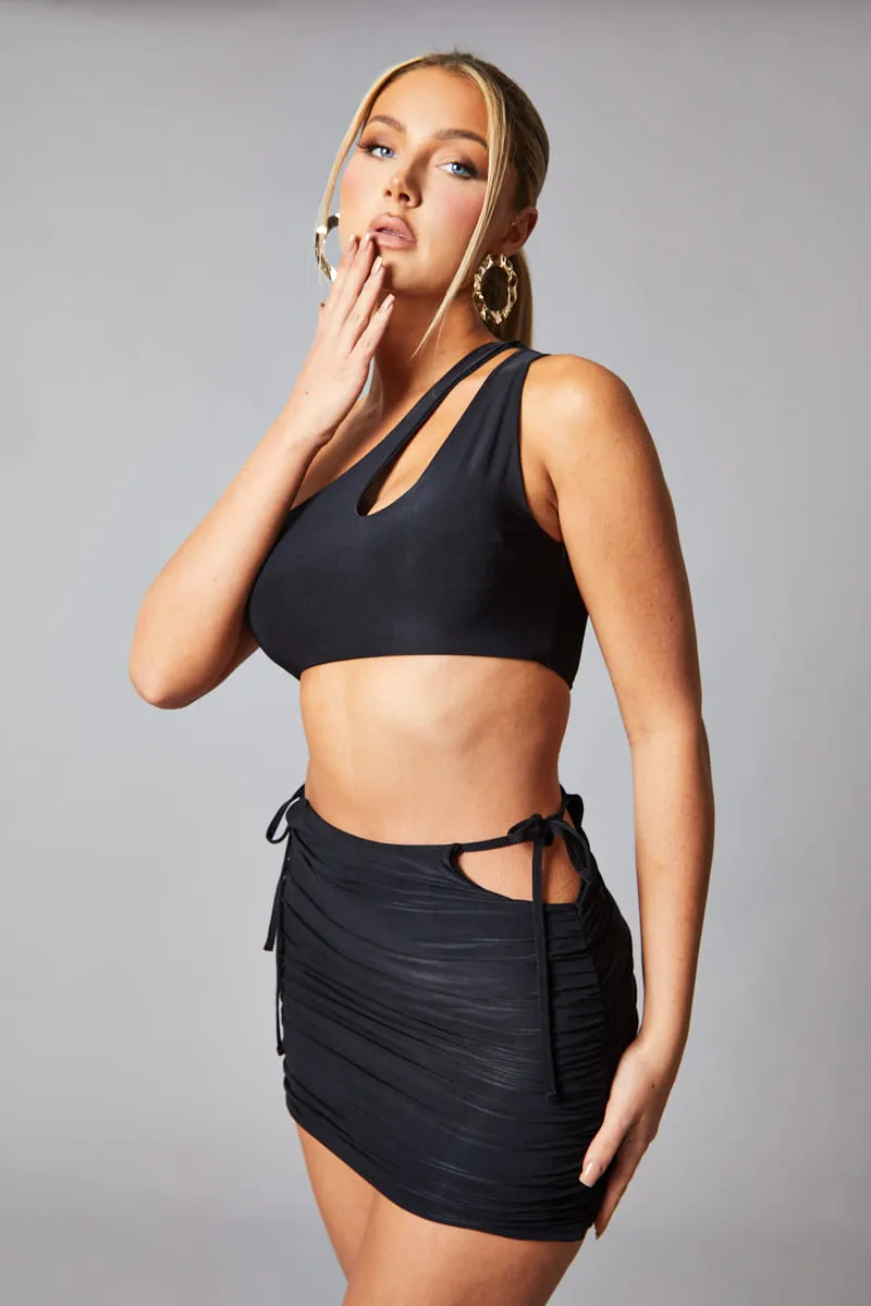 Black Cut Out Detail Crop Top & Ruched Mini skirt Set - Pixie