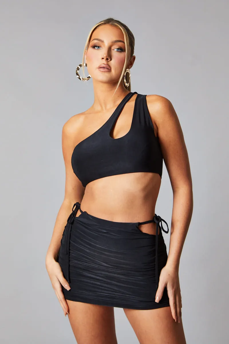 Black Cut Out Detail Crop Top & Ruched Mini skirt Set - Pixie