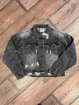 Black Denim Distressed Rhinestone Jacket