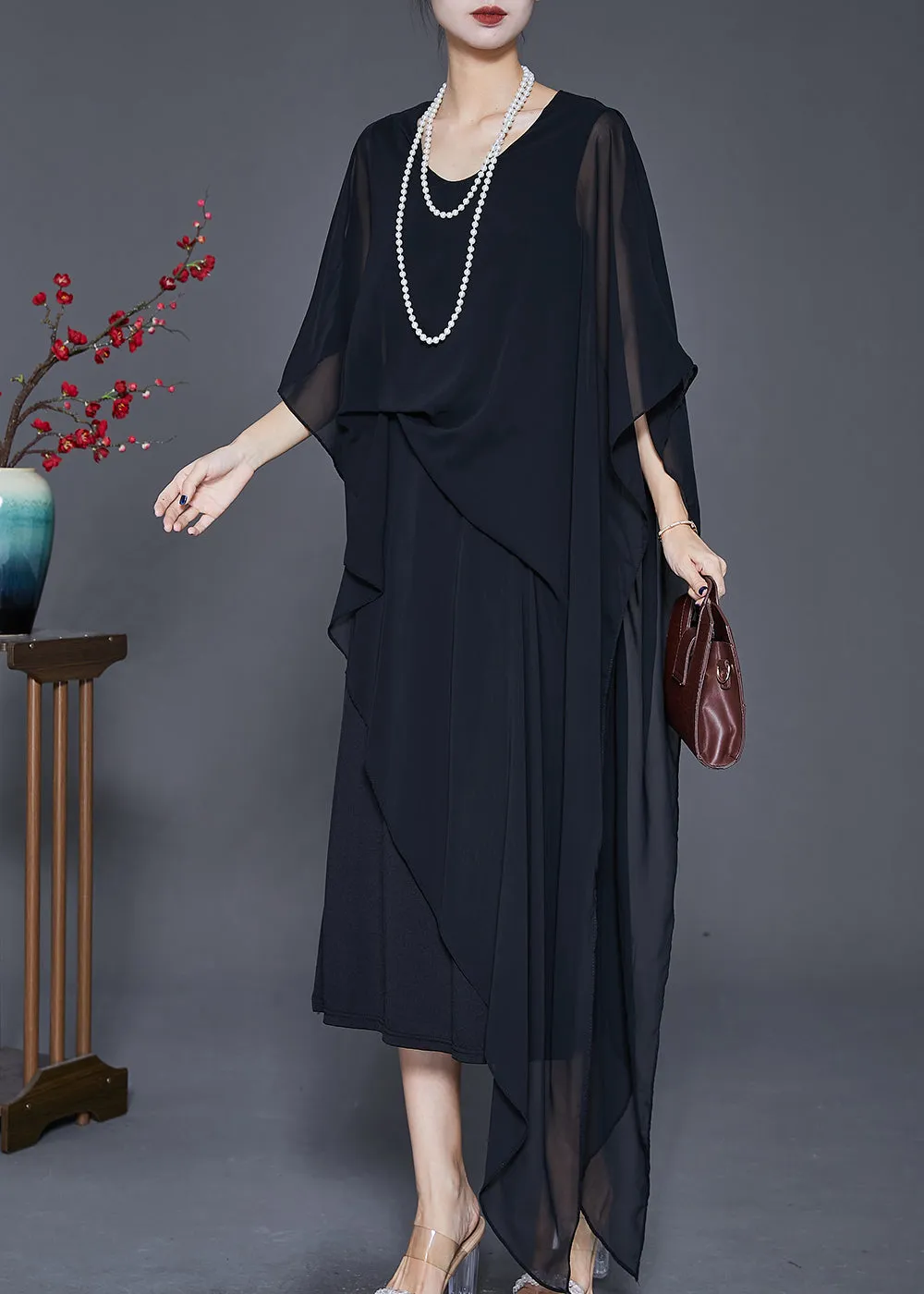 Black Draping Chiffon Robe Dresses Asymmetrical Cloak Sleeves ML1816