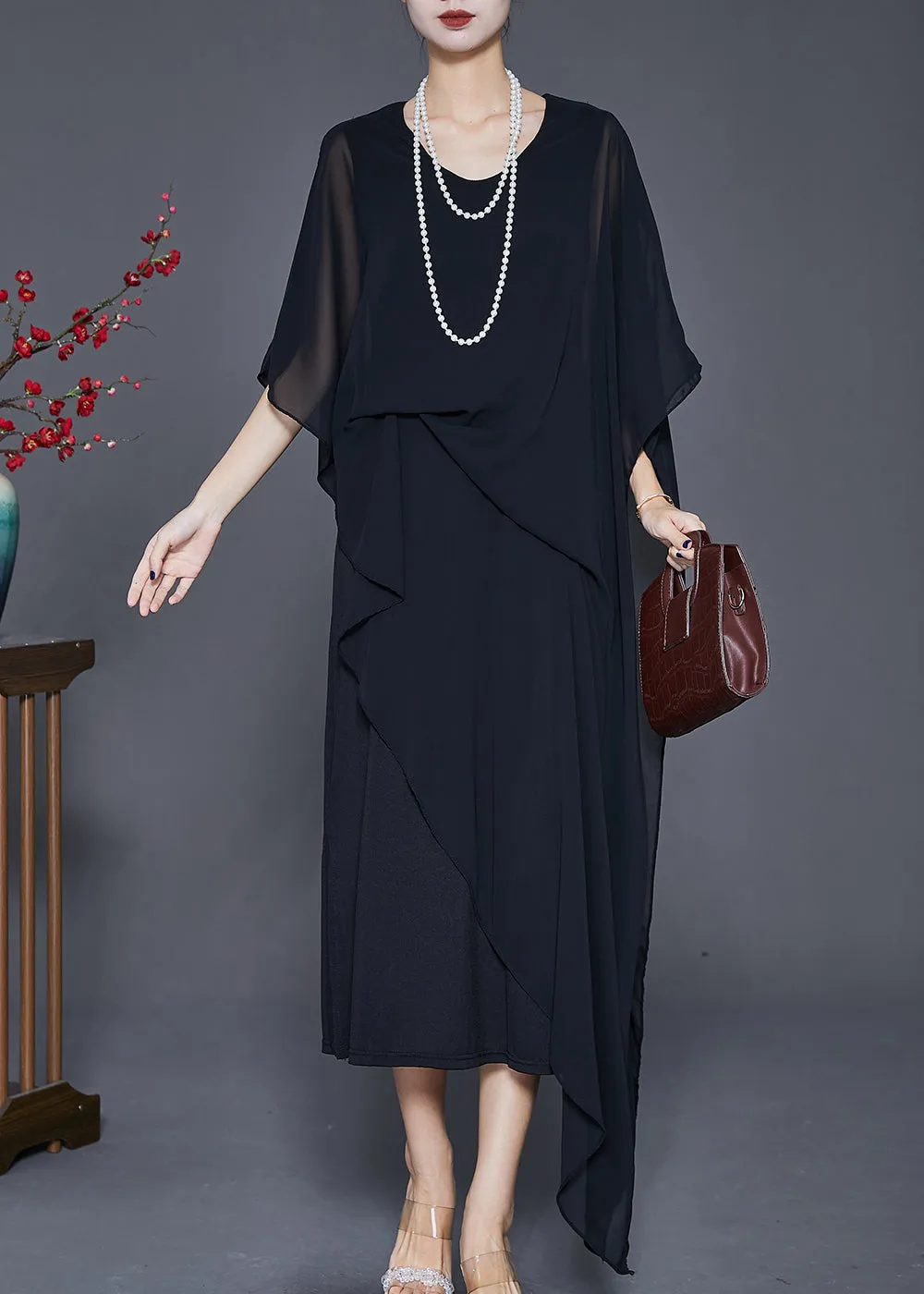 Black Draping Chiffon Robe Dresses Asymmetrical Cloak Sleeves ML1816