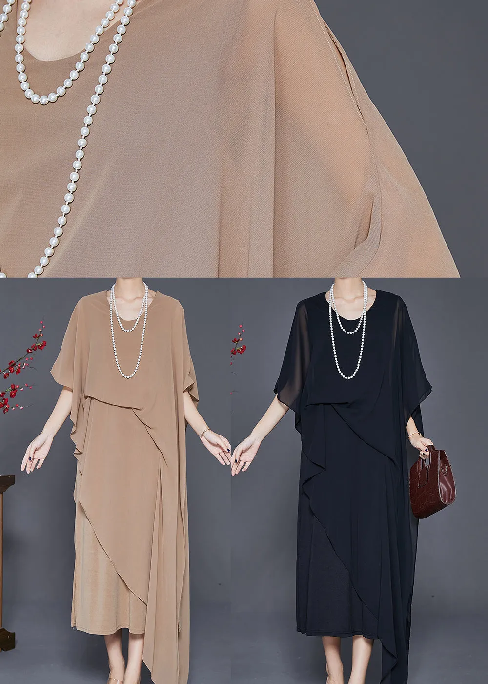 Black Draping Chiffon Robe Dresses Asymmetrical Cloak Sleeves ML1816