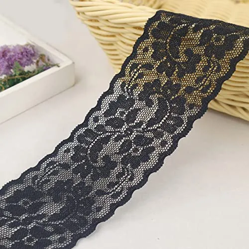 Black Elastic Lace Ribbon, Floral Stretch Lace Trim, Sewing Lace for Crafts Decorating, Wide 2.3Inch 10Yards (Style B, Black)