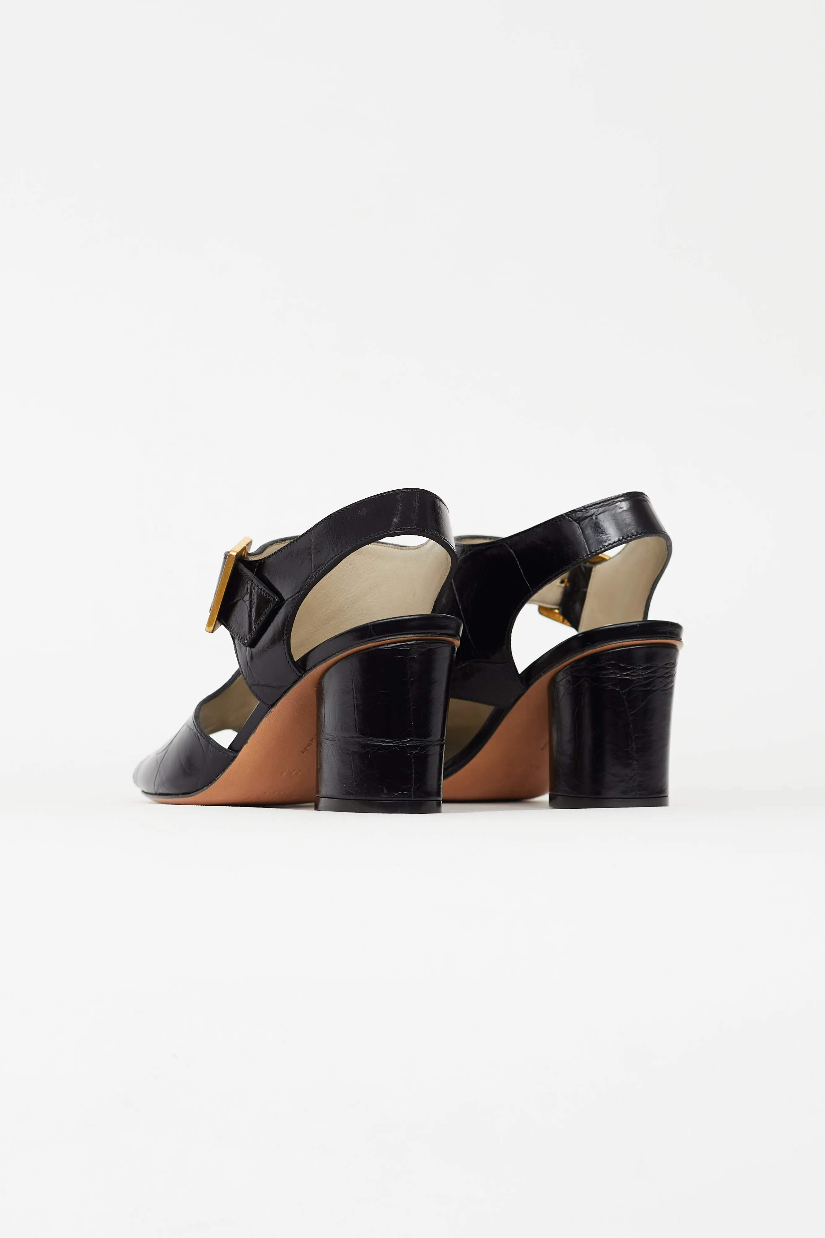 Black Embossed Buckle Heeled Sandal