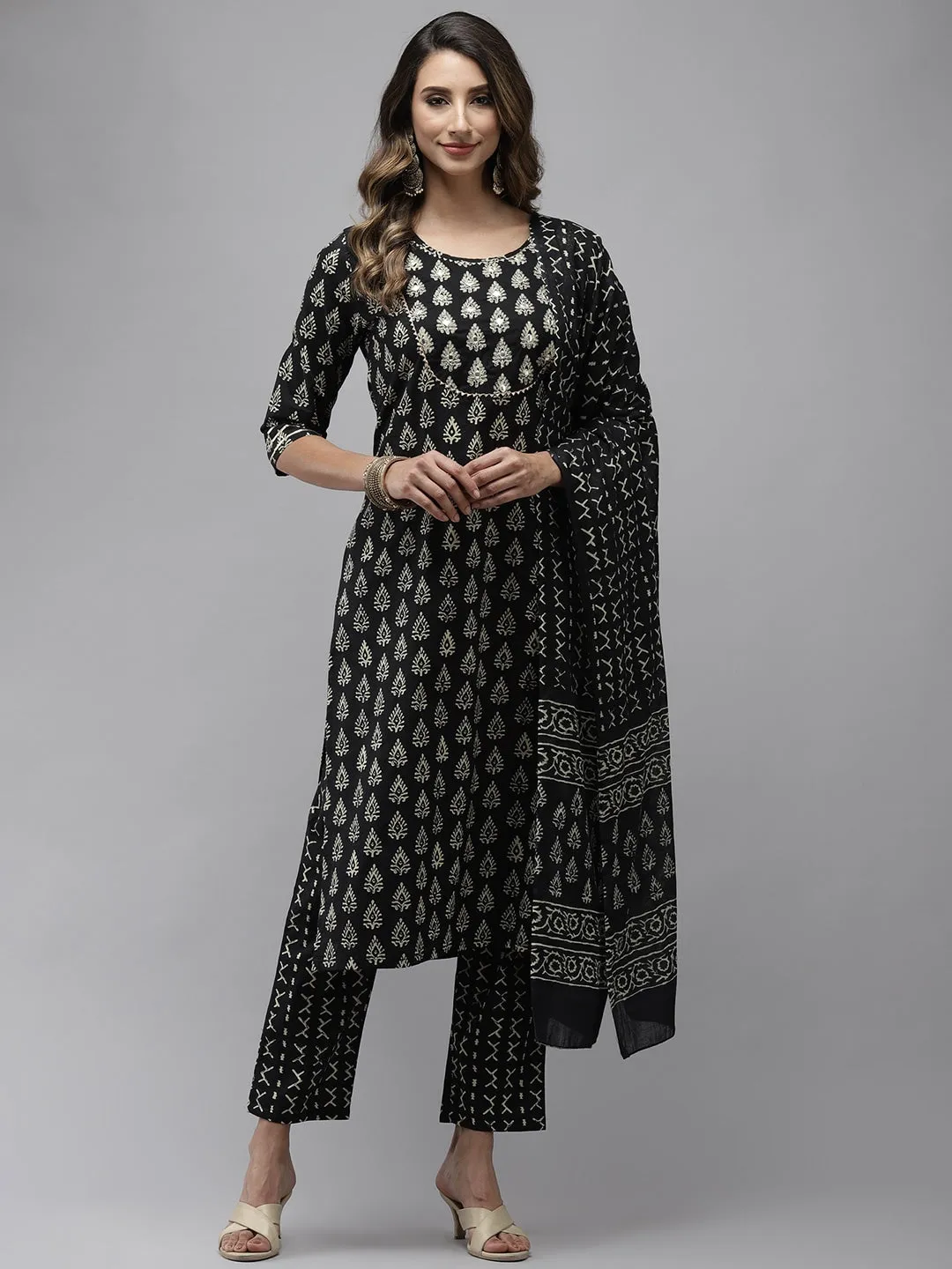 Black Ethnic Motifs Printed Straight Shape Dupatta Set