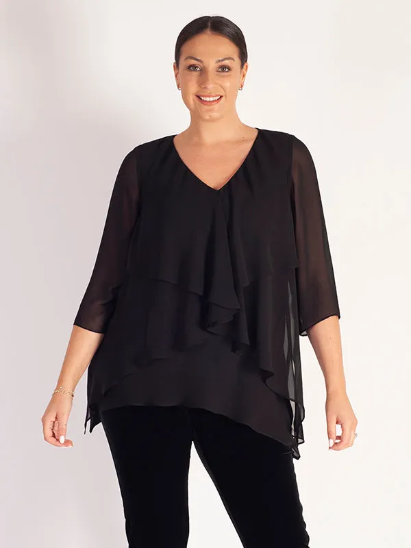 Black Fancy Double Layered Chiffon Long Sleeve Top