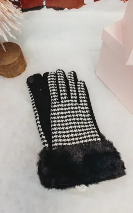 Black Faux Fur Cuff Mini Houndstooth Gloves