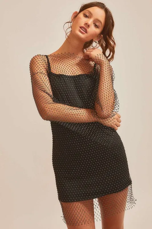 Black Fishnet With Rhinestone Sexy Mini Dress