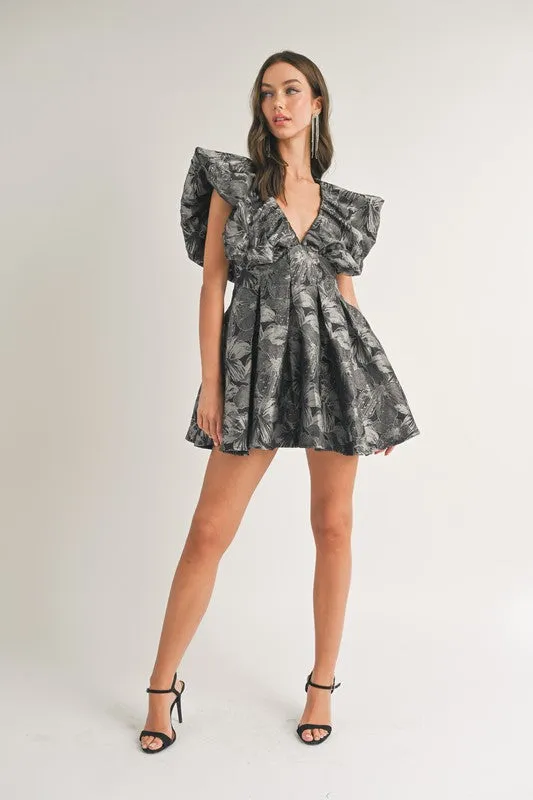 Black Floral Printed Puff Sleeve Pleated A-Line Dress