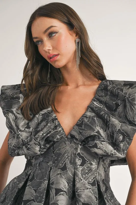 Black Floral Printed Puff Sleeve Pleated A-Line Dress