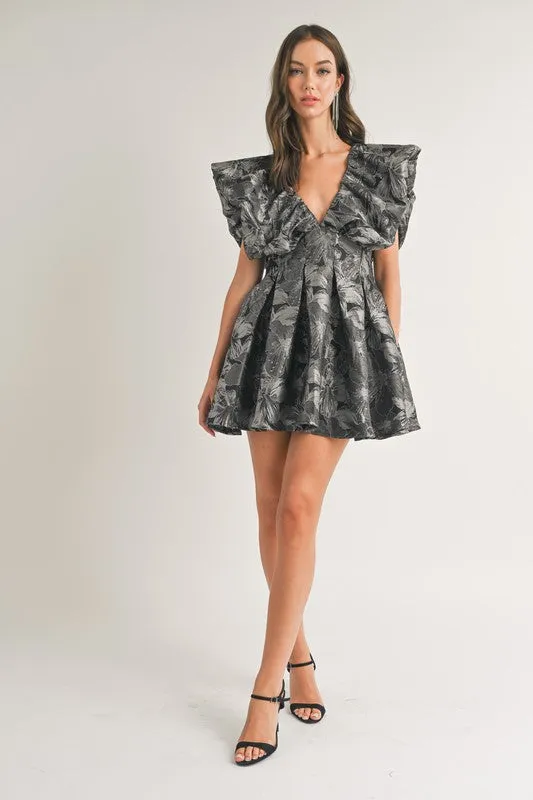 Black Floral Printed Puff Sleeve Pleated A-Line Dress