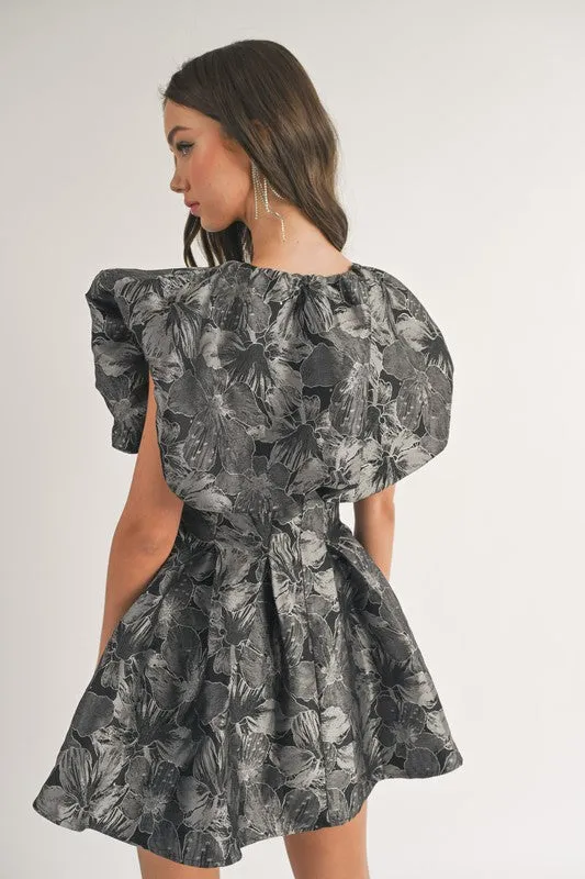 Black Floral Printed Puff Sleeve Pleated A-Line Dress