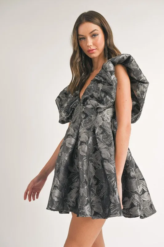 Black Floral Printed Puff Sleeve Pleated A-Line Dress