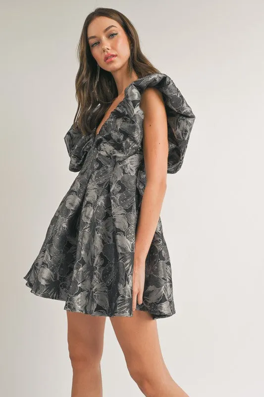 Black Floral Printed Puff Sleeve Pleated A-Line Dress