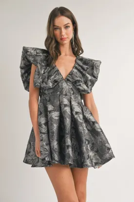 Black Floral Printed Puff Sleeve Pleated A-Line Dress