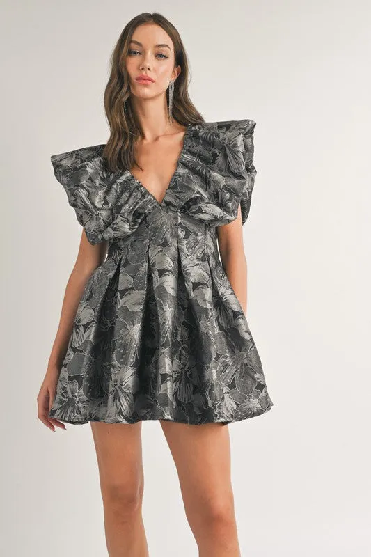 Black Floral Printed Puff Sleeve Pleated A-Line Dress