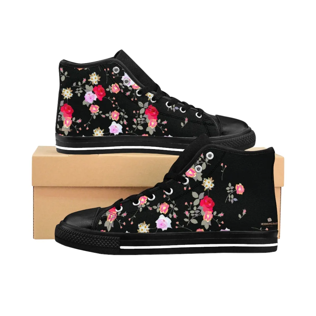 Black Floral Women's Sneakers, Rose Flower Print Designer High-top Fashion Tennis Shoes