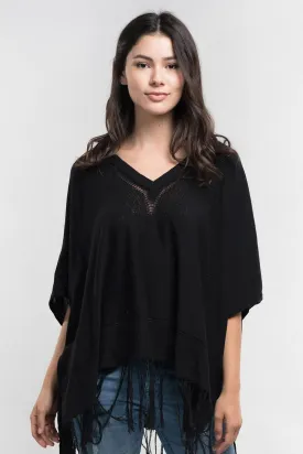 BLACK FRINGE V-NECK PONCHO SWEATER