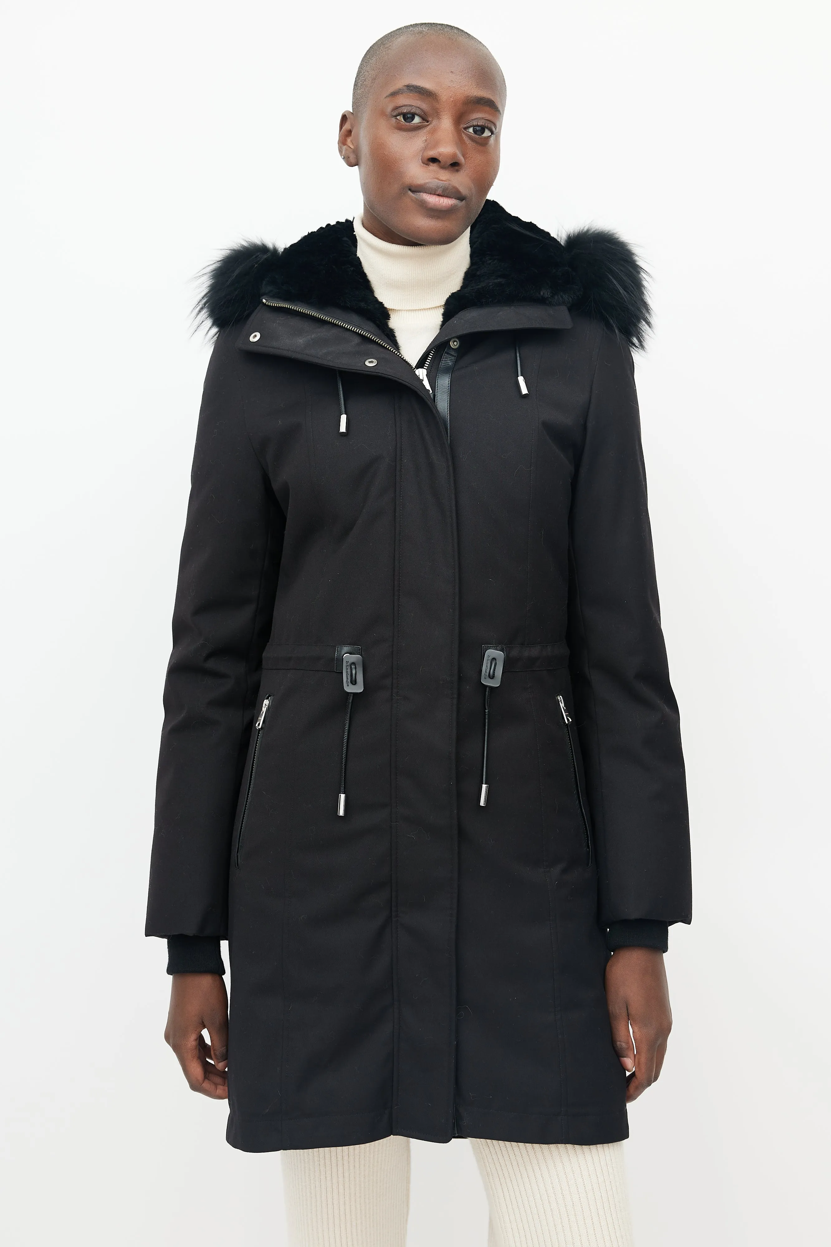 Black Fur Collar Drawstring Waist Parka