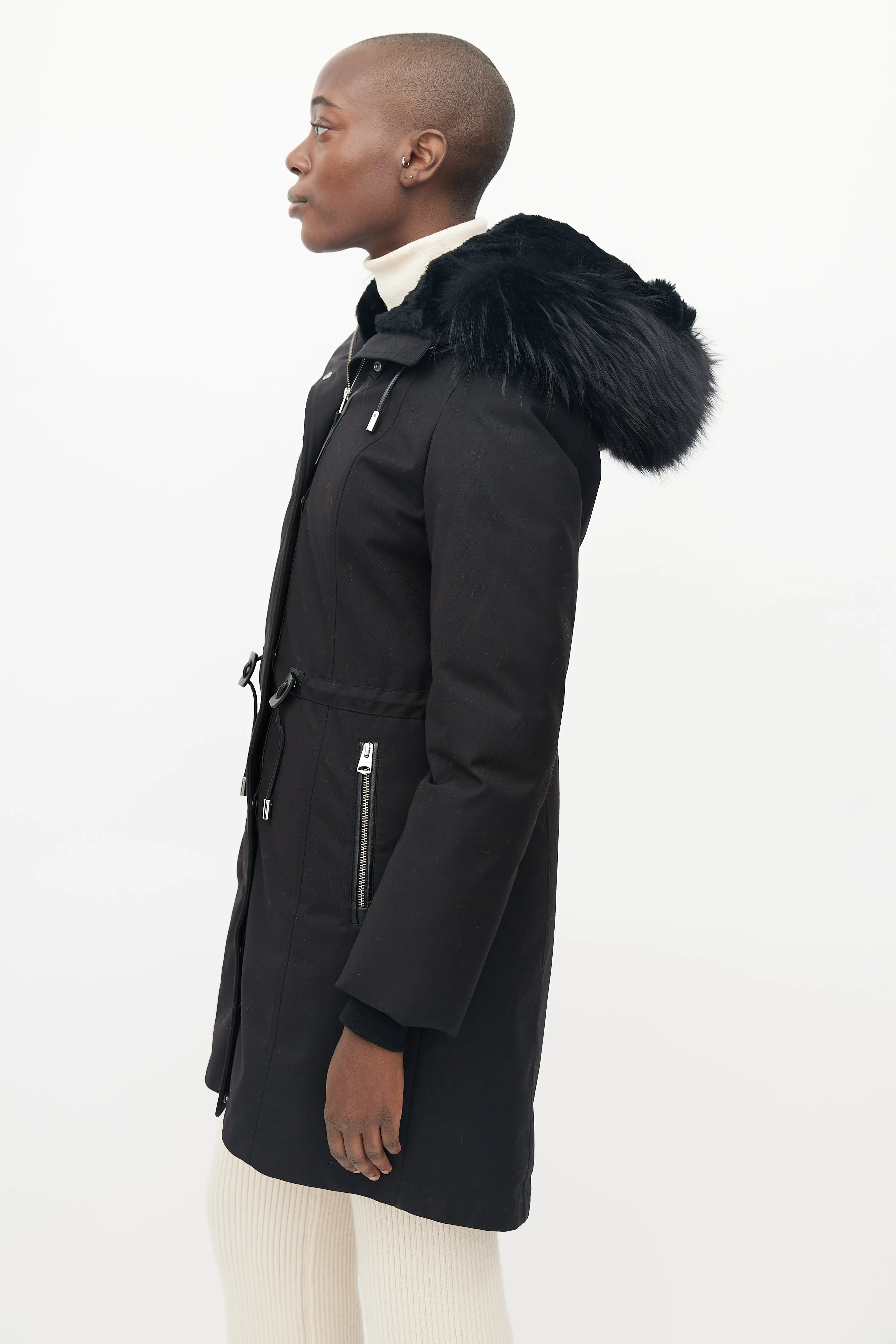 Black Fur Collar Drawstring Waist Parka