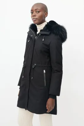 Black Fur Collar Drawstring Waist Parka