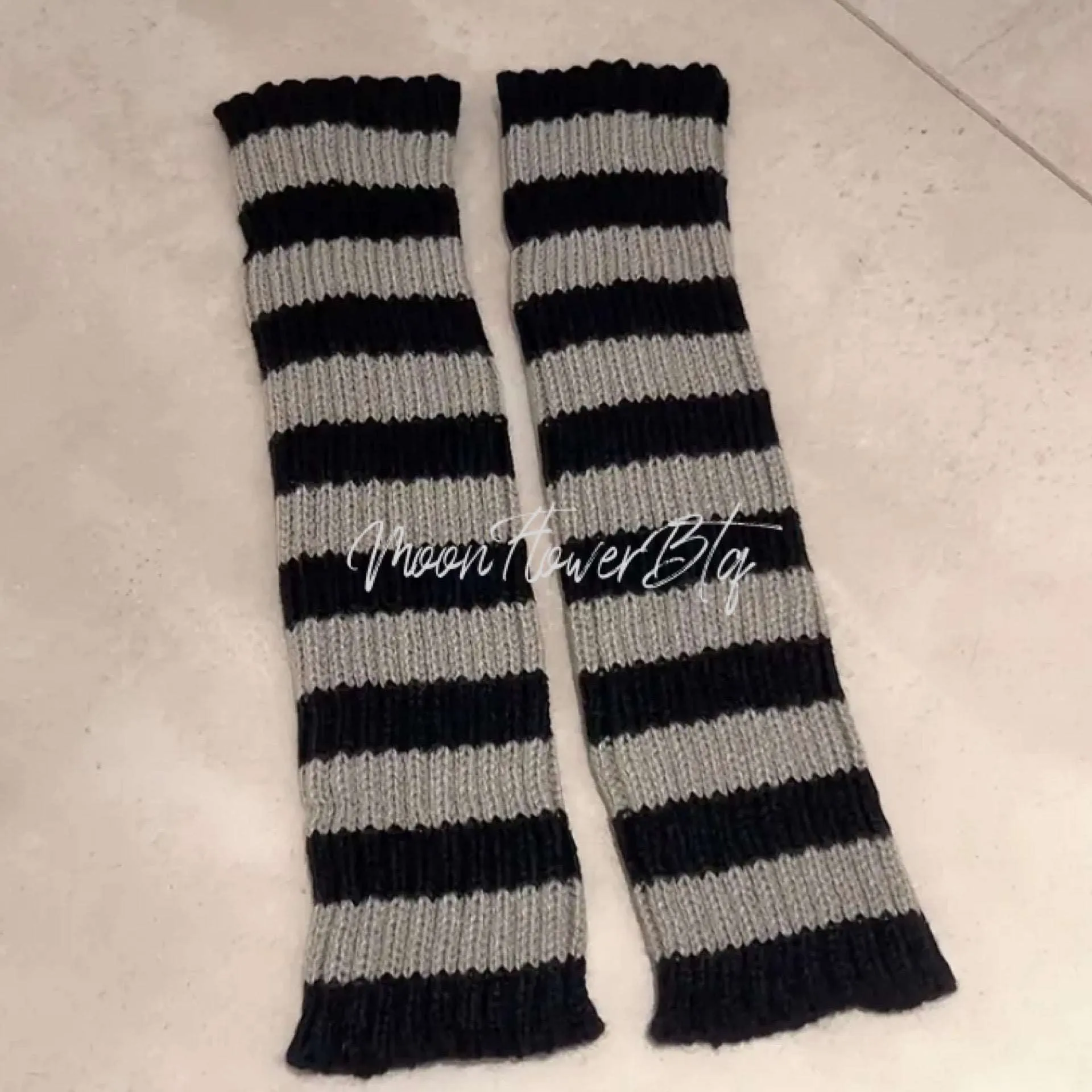 Black Gray Long Ribbed Knit Fingerless Gloves