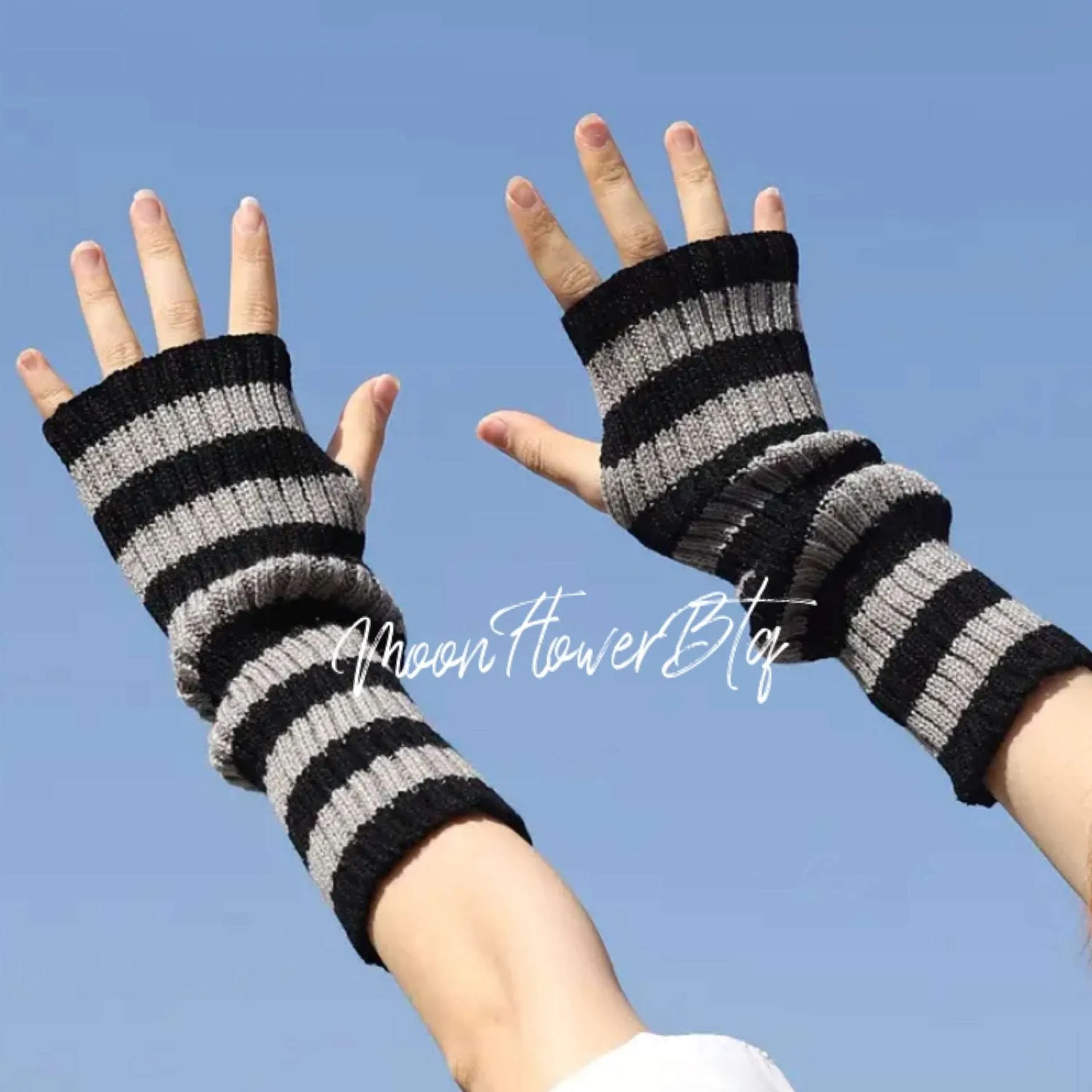 Black Gray Long Ribbed Knit Fingerless Gloves