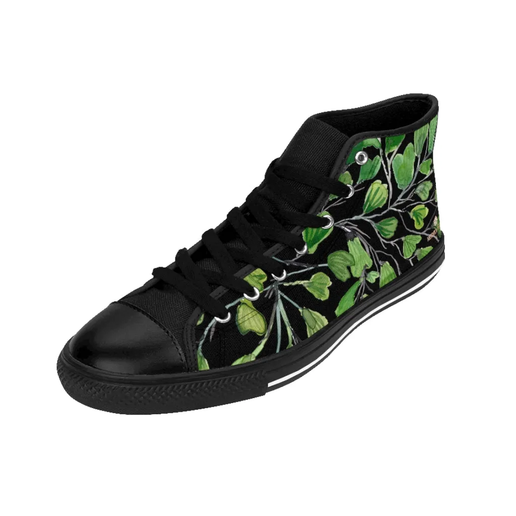 Black Green Maidenhair Men's Tennis Shoes, Tropical Print Designer Best High-top Sneakers For Men