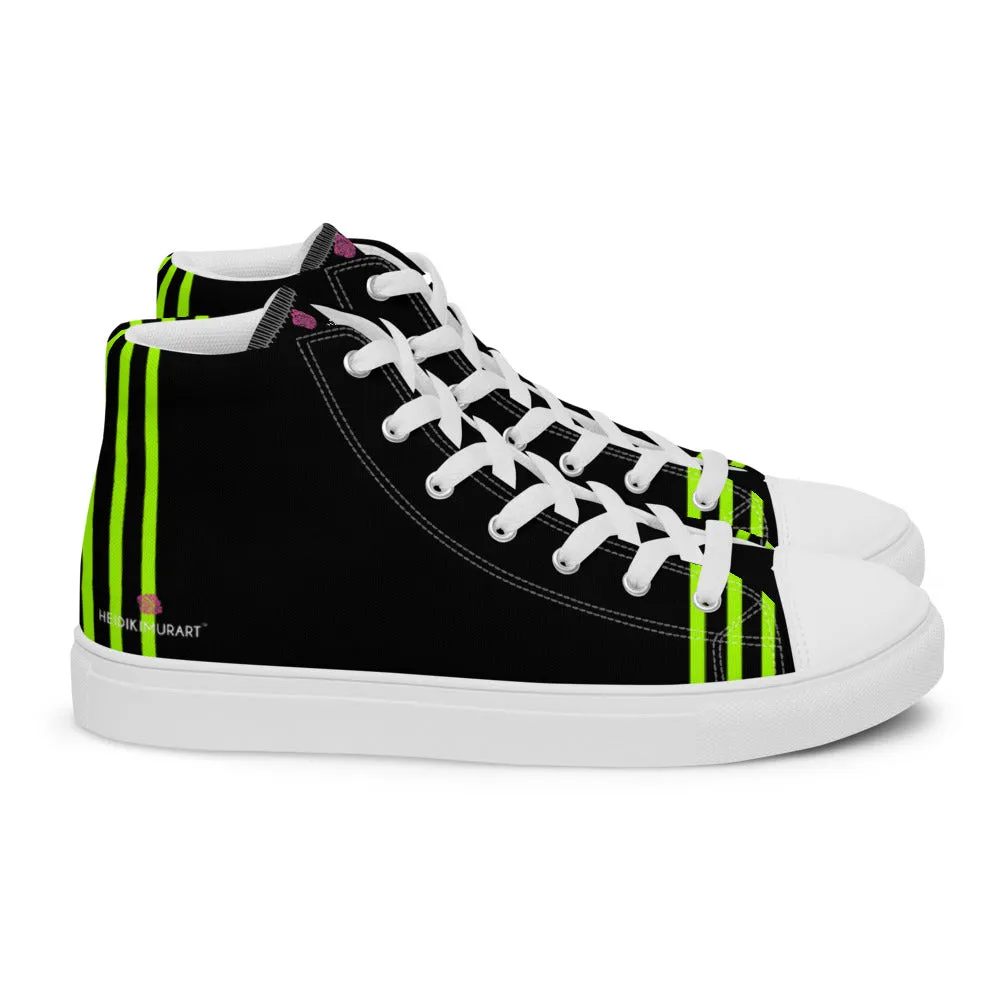 Black Green Striped Men's Sneakers, Vertical Stripes Premium High Top Tennis Shoes For Men