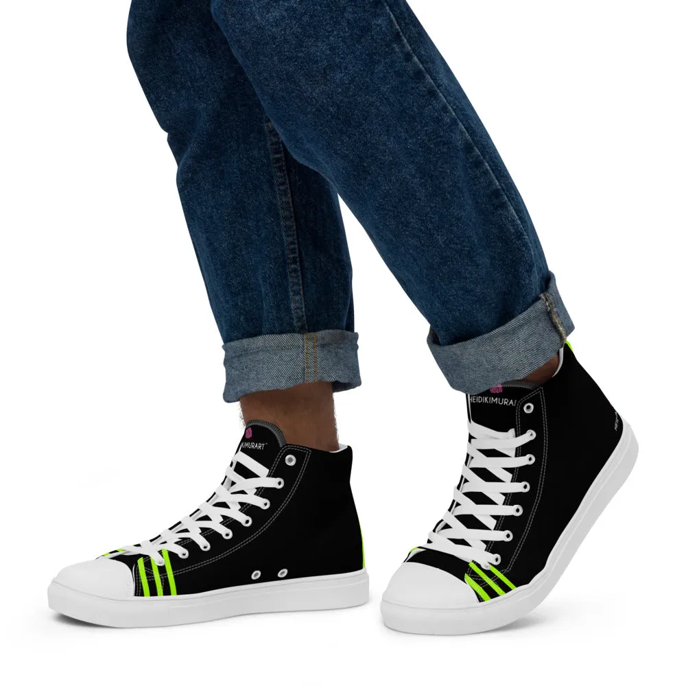 Black Green Striped Men's Sneakers, Vertical Stripes Premium High Top Tennis Shoes For Men