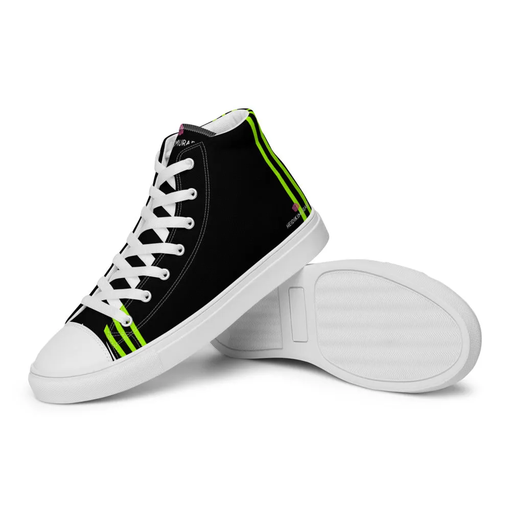 Black Green Striped Men's Sneakers, Vertical Stripes Premium High Top Tennis Shoes For Men