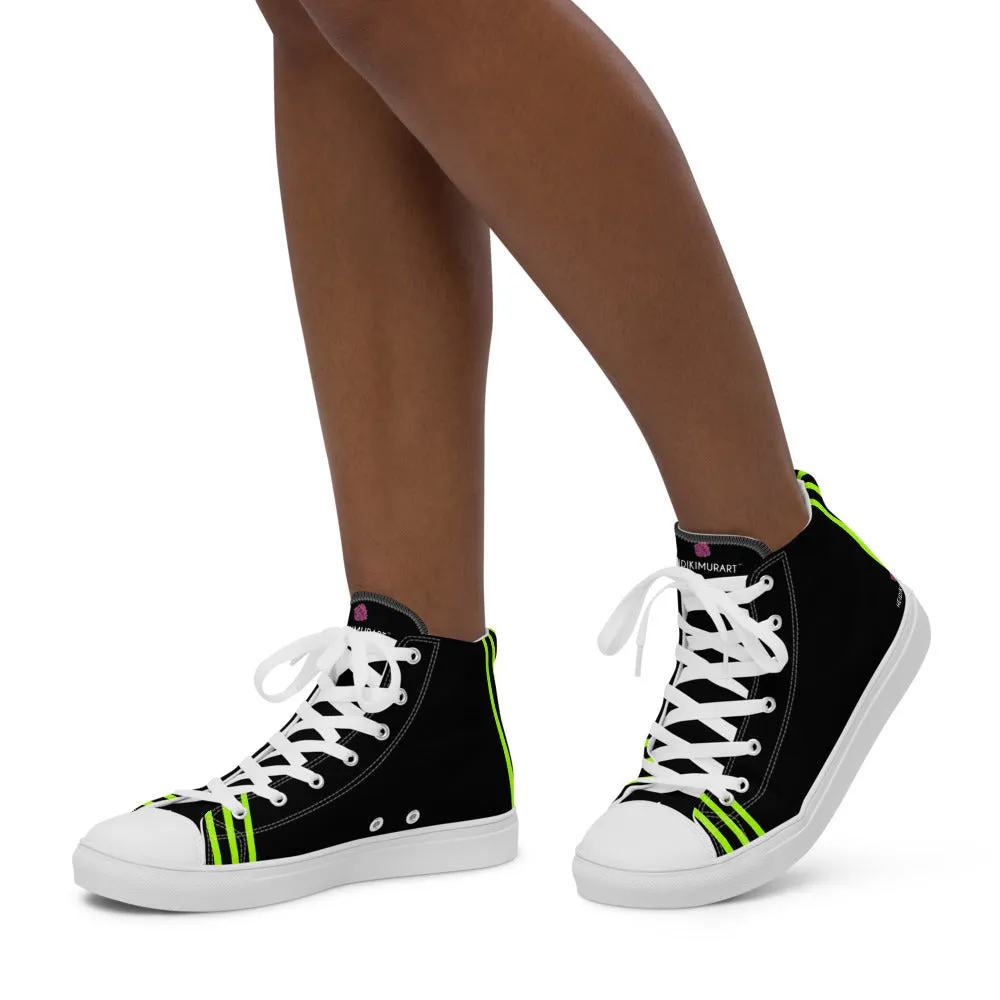 Black Green Striped Women's Sneakers, Neon Green Stripes High Top Tennis Shoes For Ladies