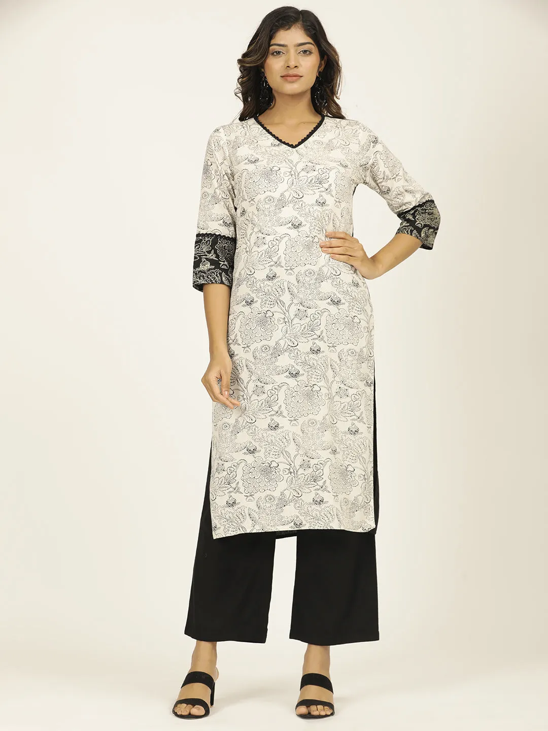 Black Handblock Printed Buddha Embroidered Kurta Set