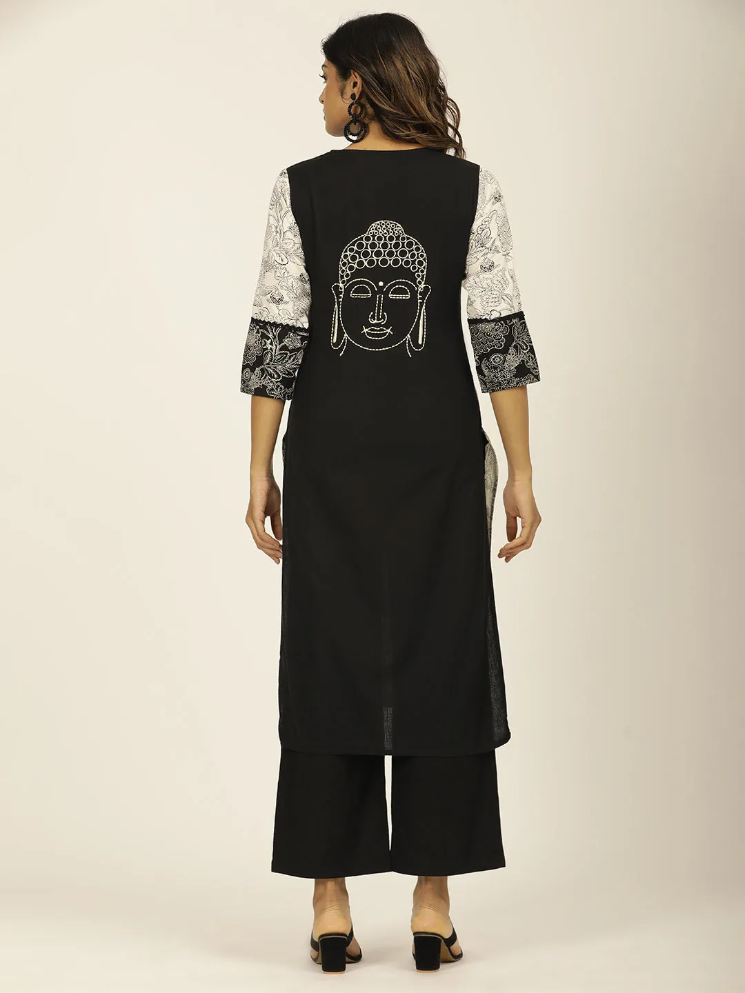 Black Handblock Printed Buddha Embroidered Kurta Set