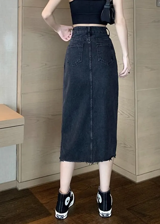 Black High Waist Pockets Button Solid Denim A Line Skirt TY1014