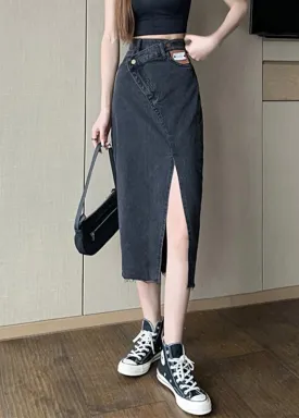 Black High Waist Pockets Button Solid Denim A Line Skirt TY1014