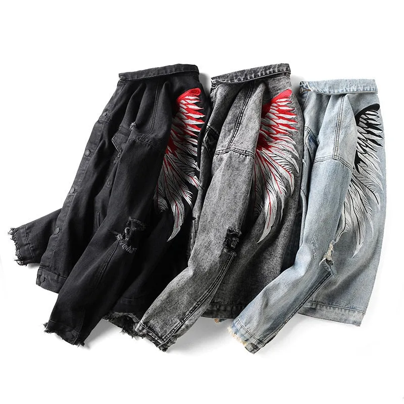 Black Hole Distressed Denim Jackets Mens High Street Wing Streetwear