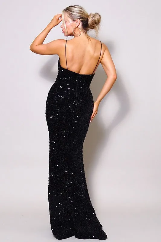 Black Just Like Marilyn Teddy Velvet Sequins Maxi Dress