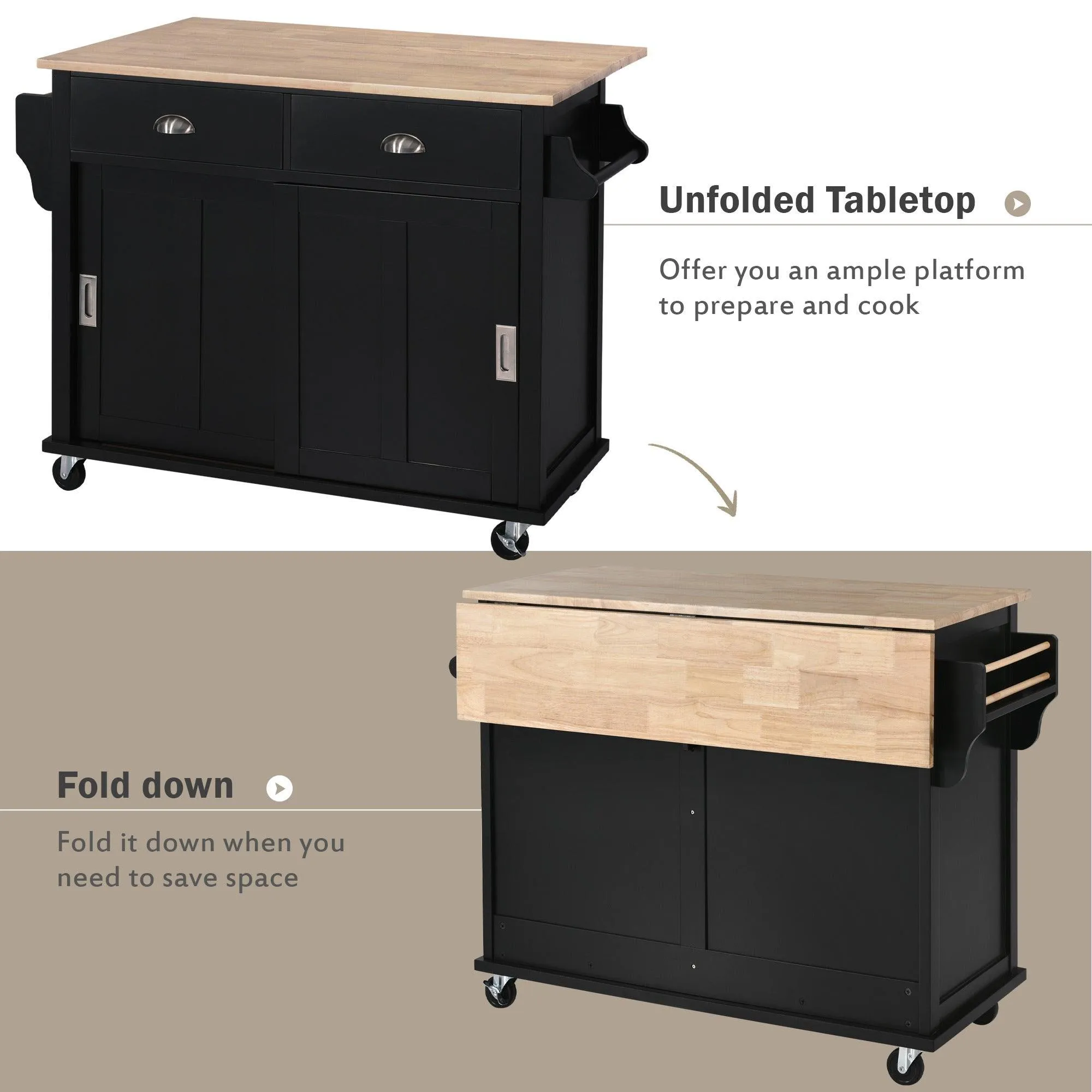 Black Kitchen Cart with Drop-Leaf Top, Sliding Barn Door, 4 Wheels, Storage Cabinet & 2 Drawers