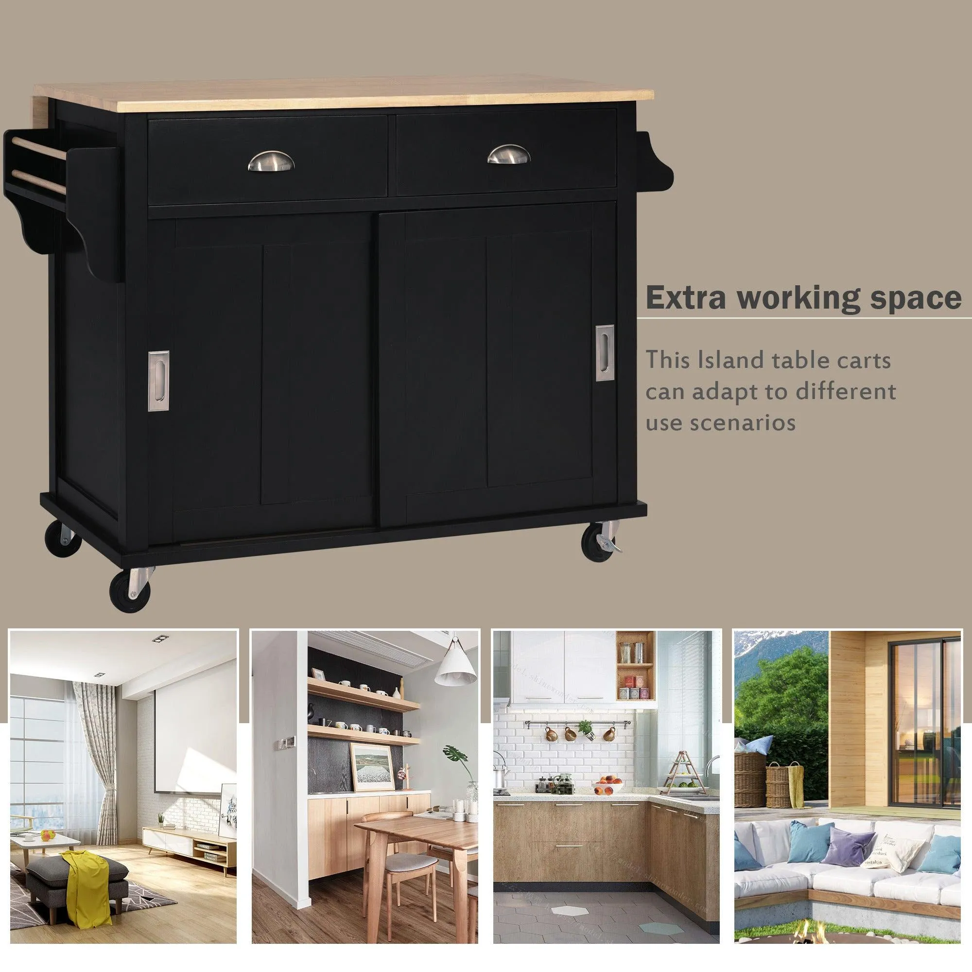 Black Kitchen Cart with Drop-Leaf Top, Sliding Barn Door, 4 Wheels, Storage Cabinet & 2 Drawers