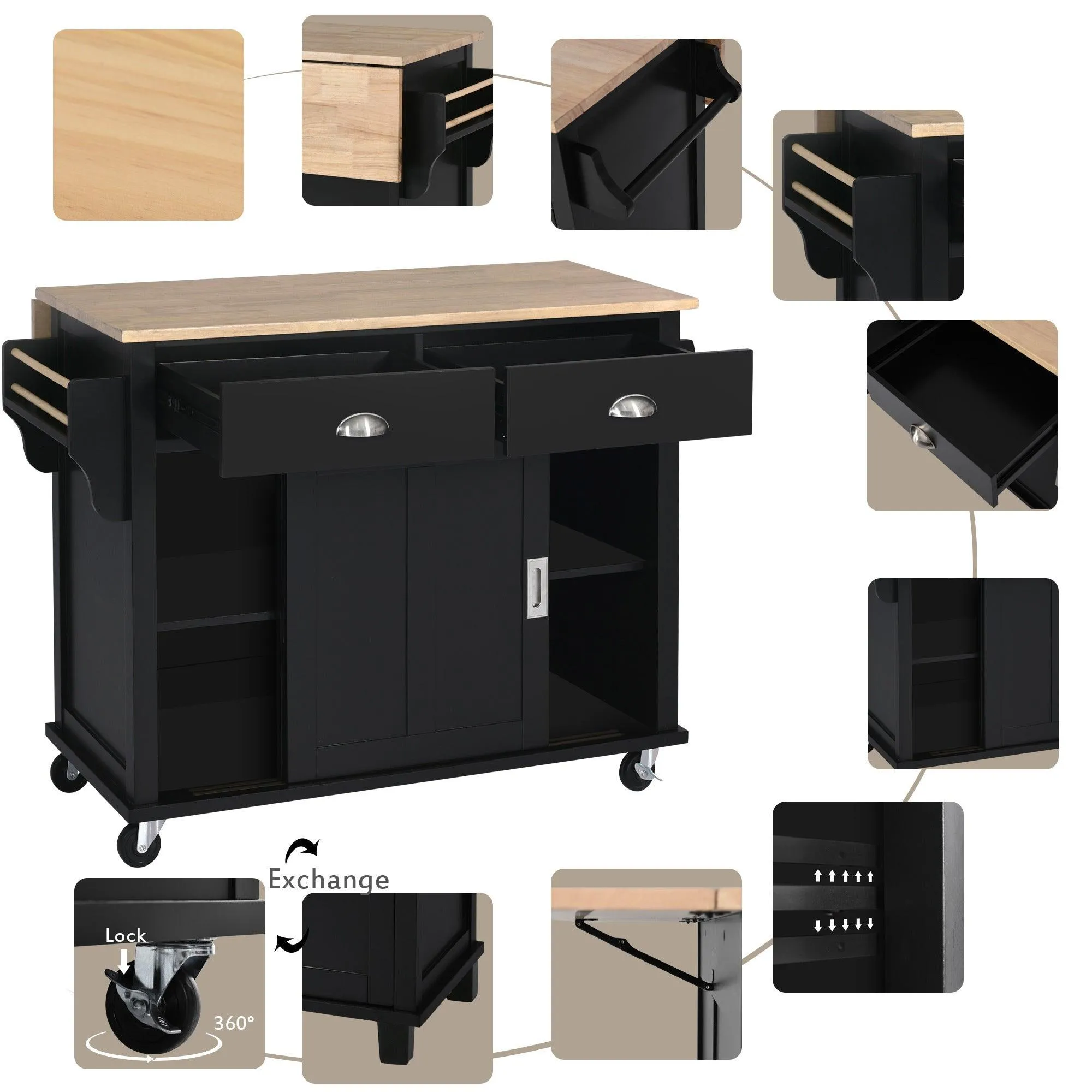 Black Kitchen Cart with Drop-Leaf Top, Sliding Barn Door, 4 Wheels, Storage Cabinet & 2 Drawers