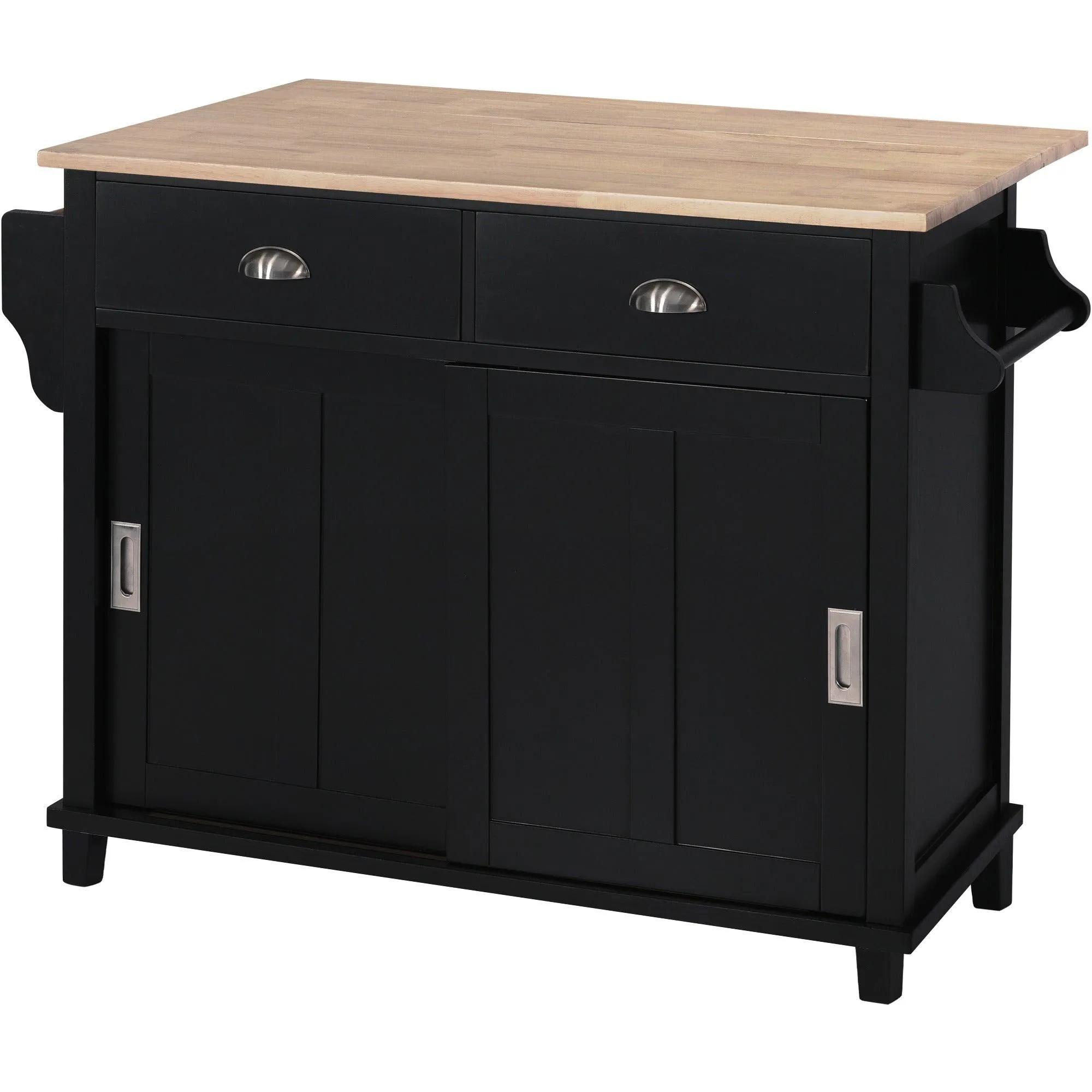 Black Kitchen Cart with Drop-Leaf Top, Sliding Barn Door, 4 Wheels, Storage Cabinet & 2 Drawers