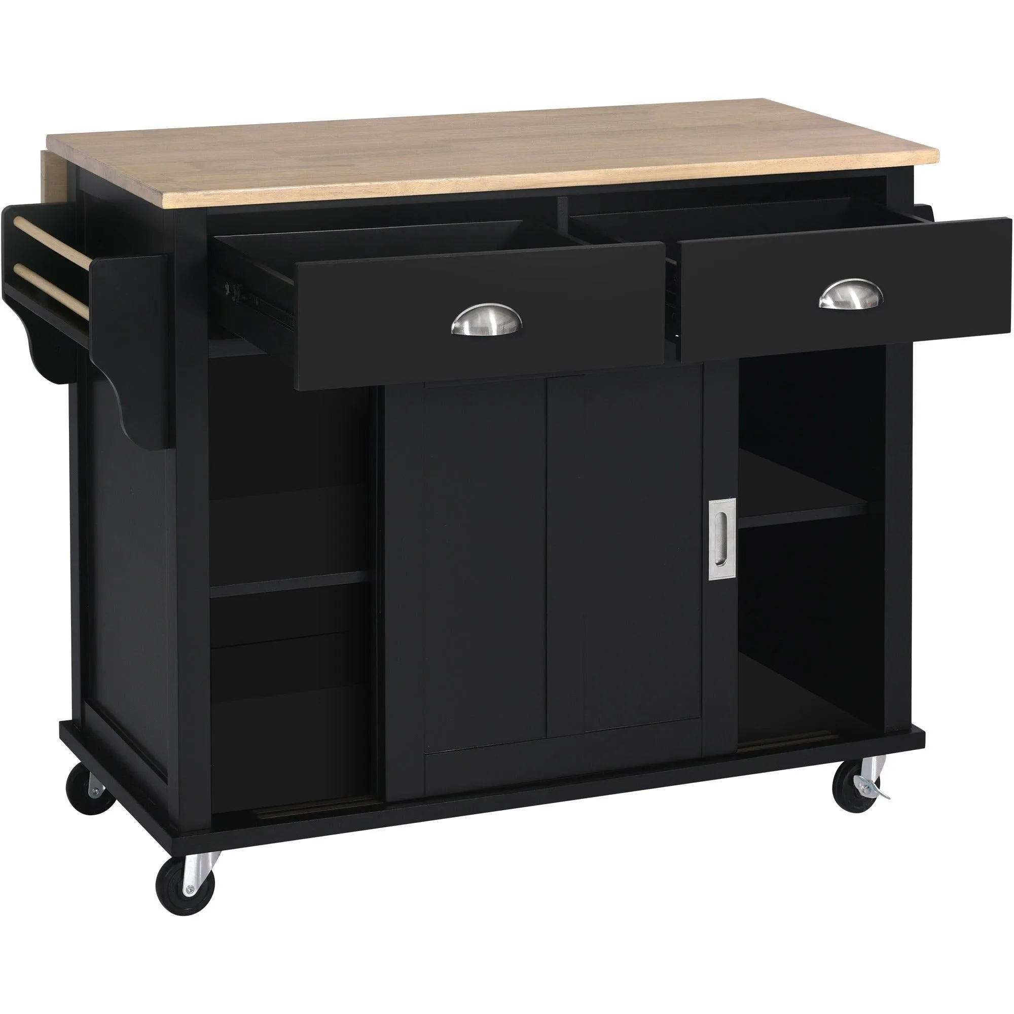 Black Kitchen Cart with Drop-Leaf Top, Sliding Barn Door, 4 Wheels, Storage Cabinet & 2 Drawers