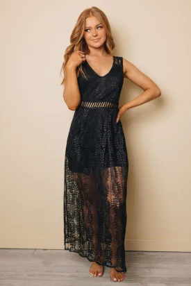 Black Lace High Waist Sleeveless V Neck Long Dress