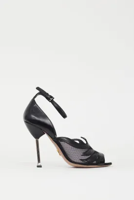 Black Leather & Mesh Flame Heel