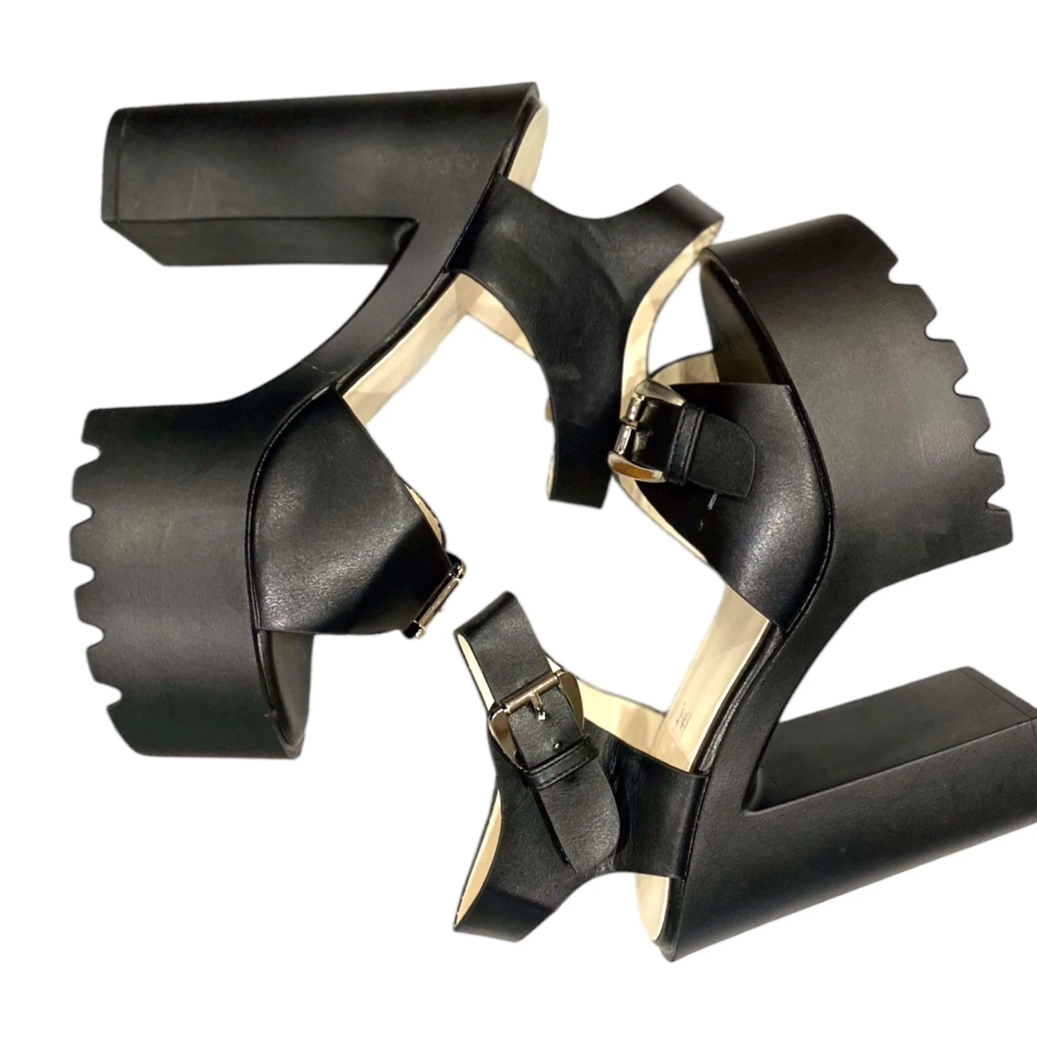 Black Leather Buckle Platform Heel Sandals