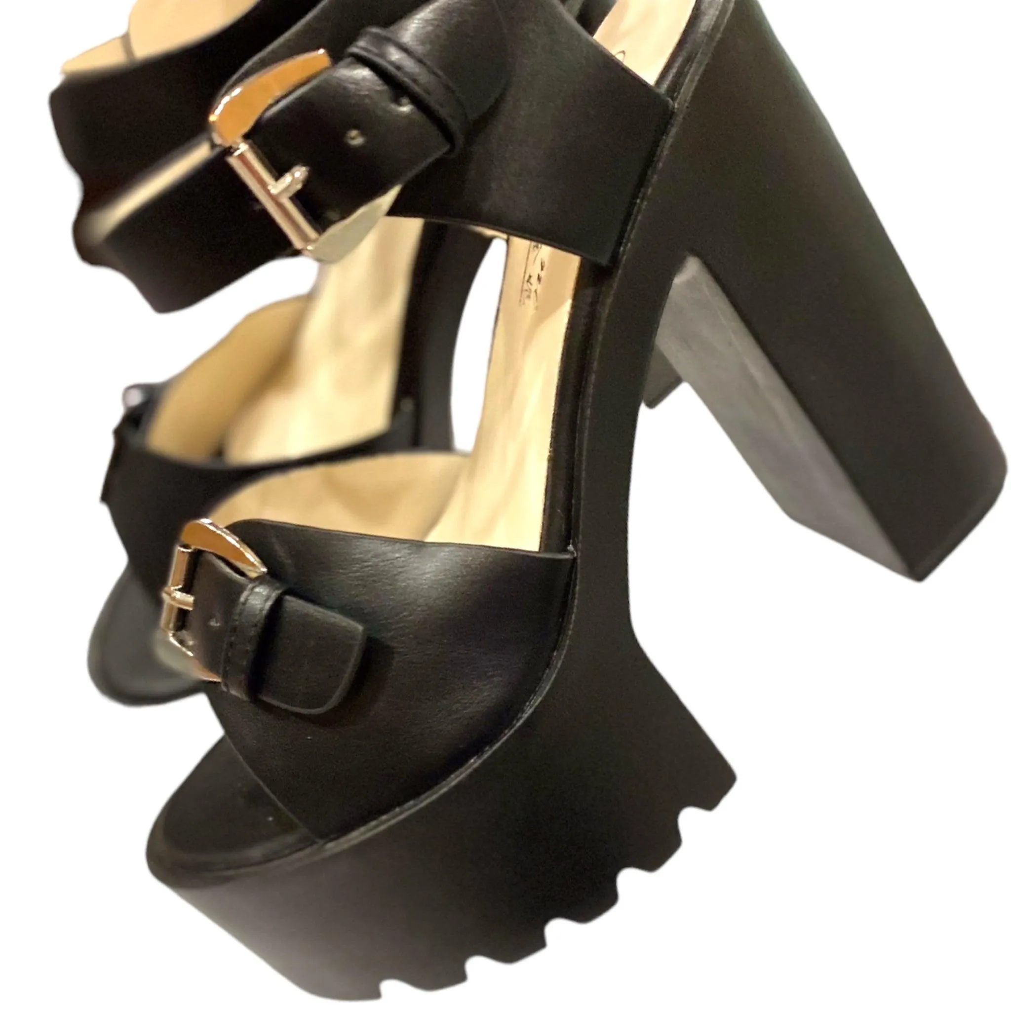 Black Leather Buckle Platform Heel Sandals